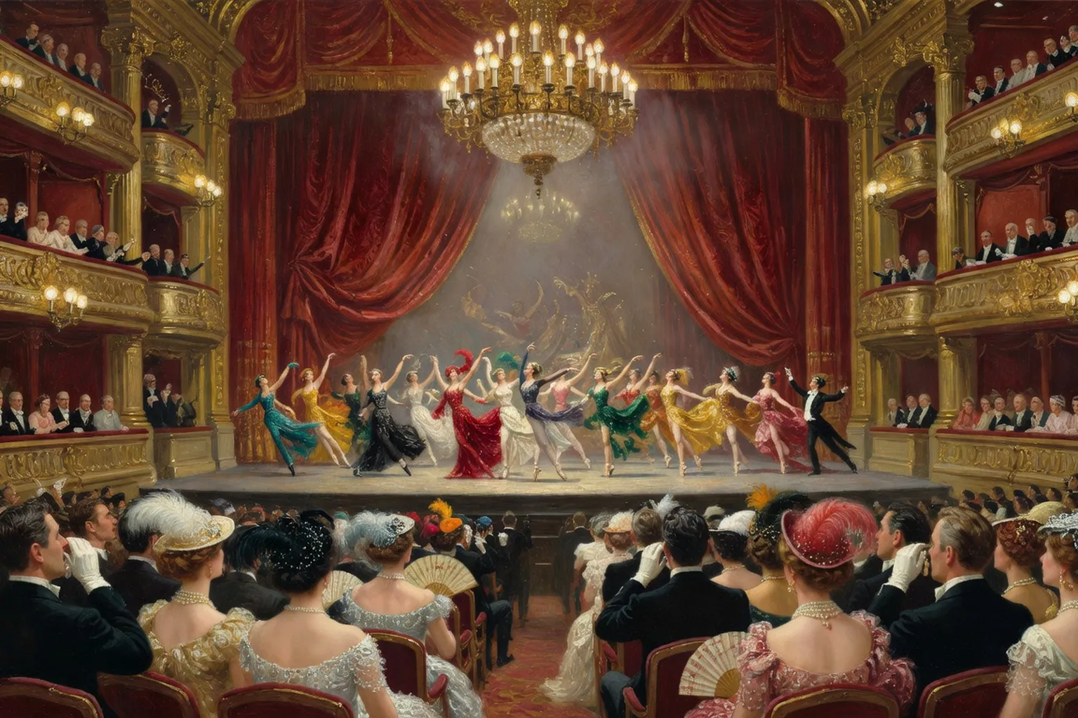 Scène de l'Opéra de Paris dans les années 1910, atmosphère des Ballets russes en représentation