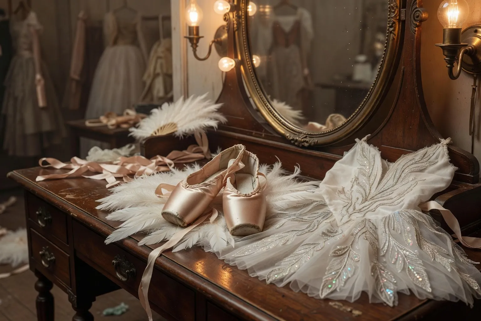 Chaussons de ballet sur une loge théâtrale, plumes de costume de cygne, atmosphère début XXe siècle