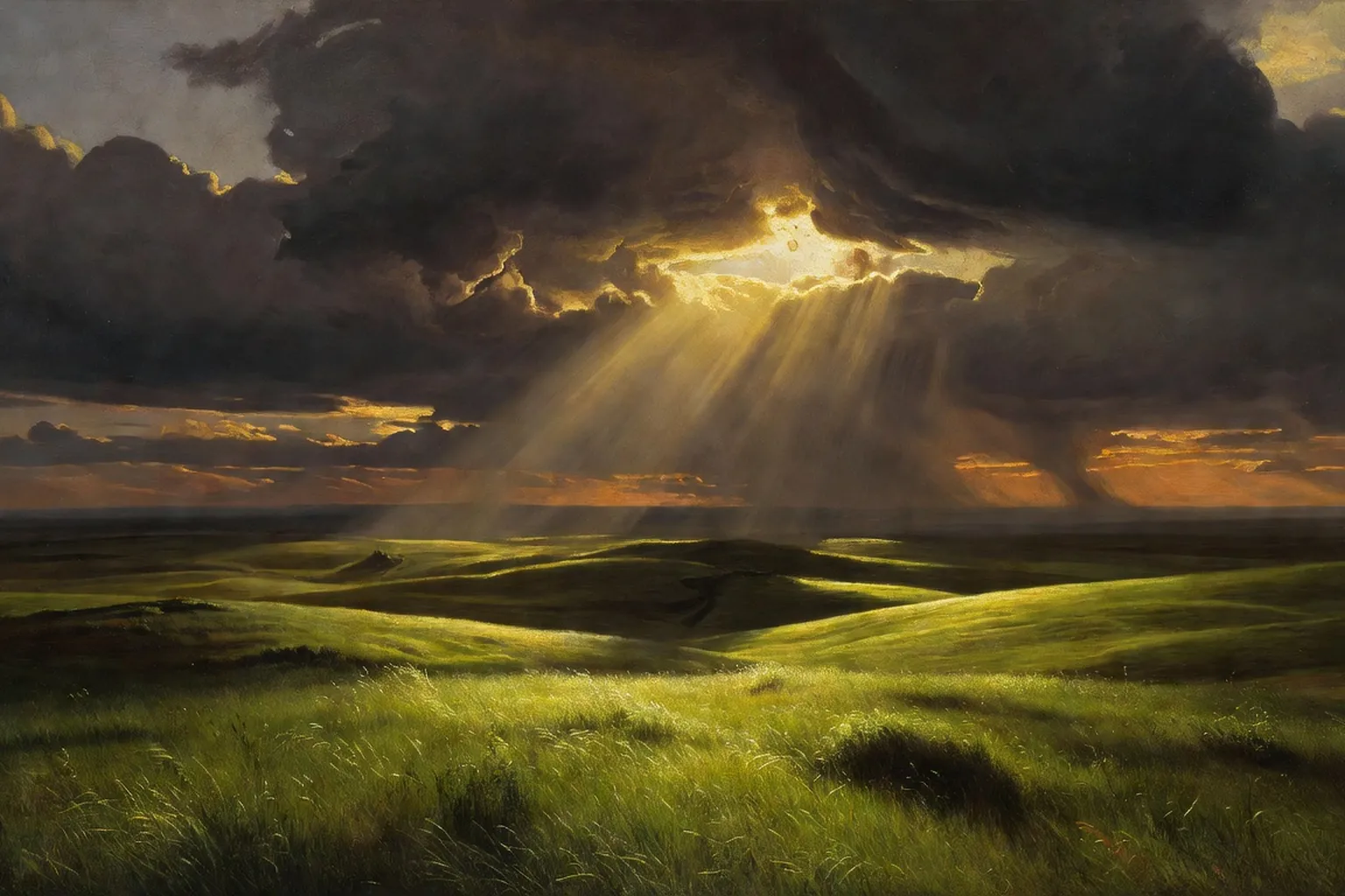 Steppe ukrainienne au crépuscule avec lumière dorée extraordinaire, dans le style des peintures de Kouïndji