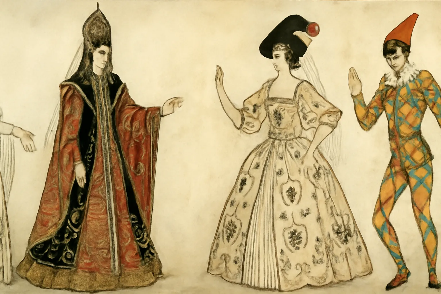 Alexandre Benois âgé travaillant dans son atelier parisien, esquisses de décors et costumes de théâtre