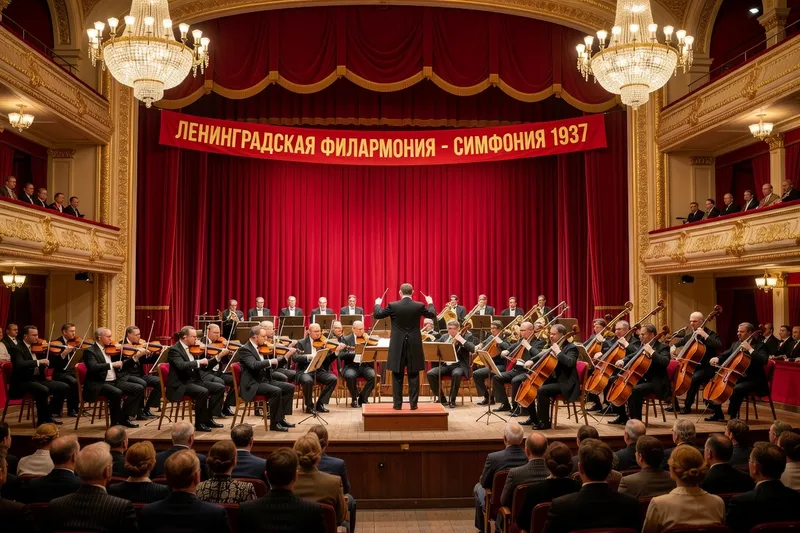 Salle de concert soviétique des années 1930, orchestre symphonique, atmosphère solennelle et austère