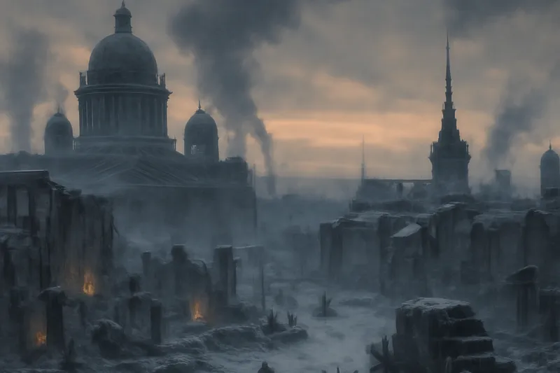 Ville assiégée en hiver, silhouettes sur fond de neige et de ruines, atmosphère du siège de Leningrad