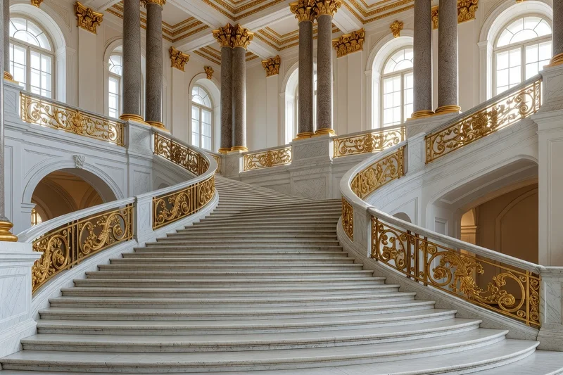 Escalier monumental blanc et or du Nouvel Ermitage, avec colonnes de granit gris