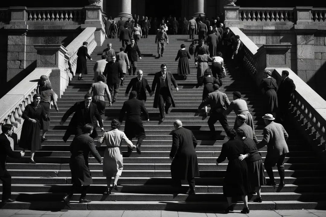 Scène du Cuirassé Potemkine d'Eisenstein, escalier d'Odessa, noir et blanc