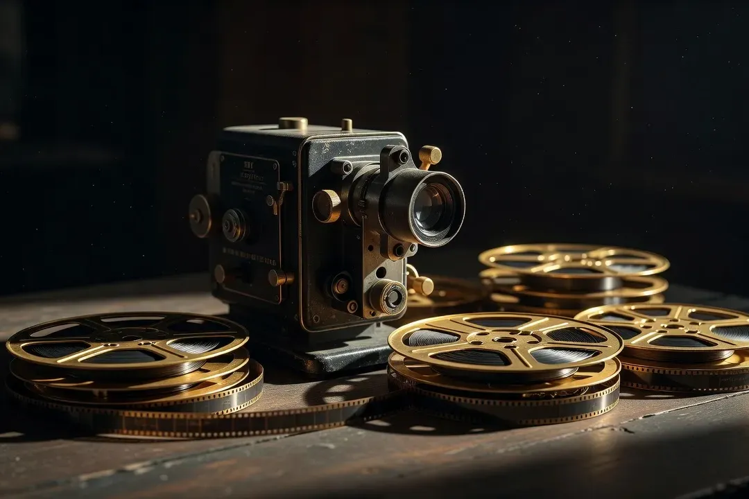 Pellicule cinématographique ancienne, bobines argentées, lumière de projecteur