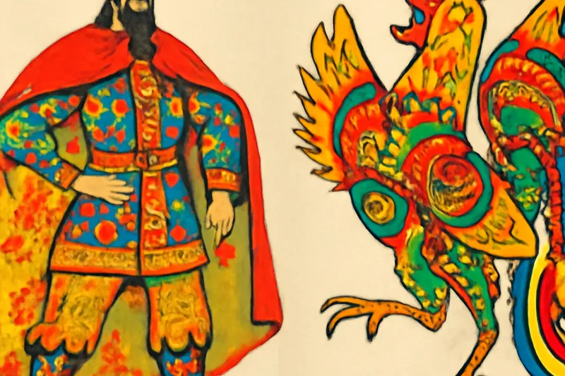 Costumes de scène et décor de théâtre inspirés du folklore russe, style des Ballets russes de Diaghilev
