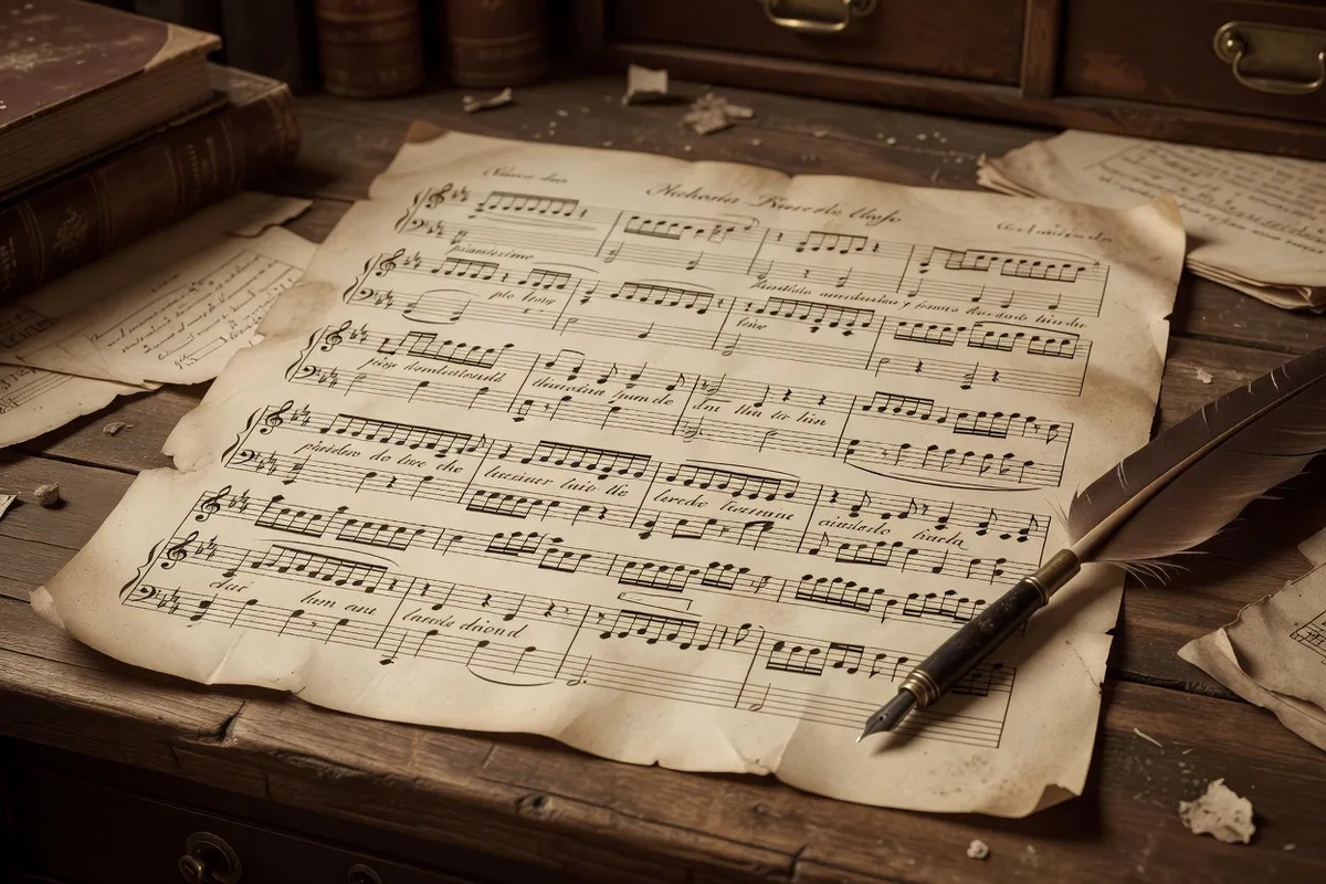 Partition manuscrite d'orchestration russe du XIXe siècle avec annotations, pupitre de compositeur, atmosphère Saint-Pétersbourg