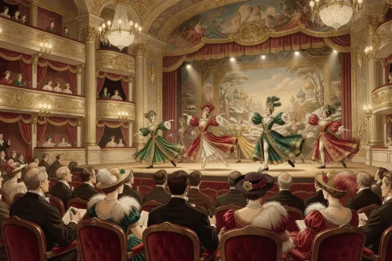 Salle de théâtre parisienne ornée pour une représentation des Ballets russes vers 1910
