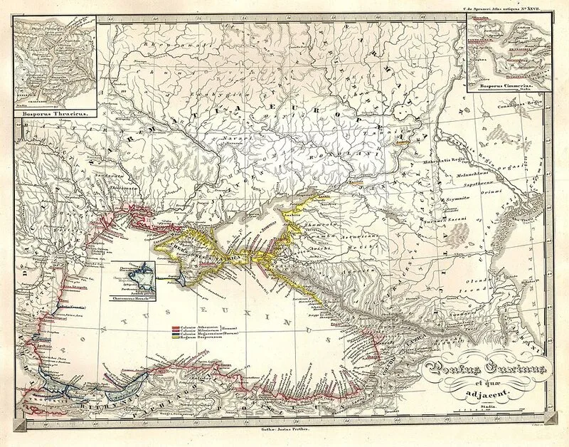 Carte historique du Pontus Euxinus et du Palus Meotide par Spruneri, 1855, avec les colonies grecques de la mer Noire