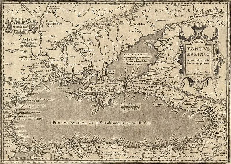 Carte du Pont-Euxin (Pontus Euxinus, mer Noire) par Abraham Ortelius, 1590, montrant les cotes antiques