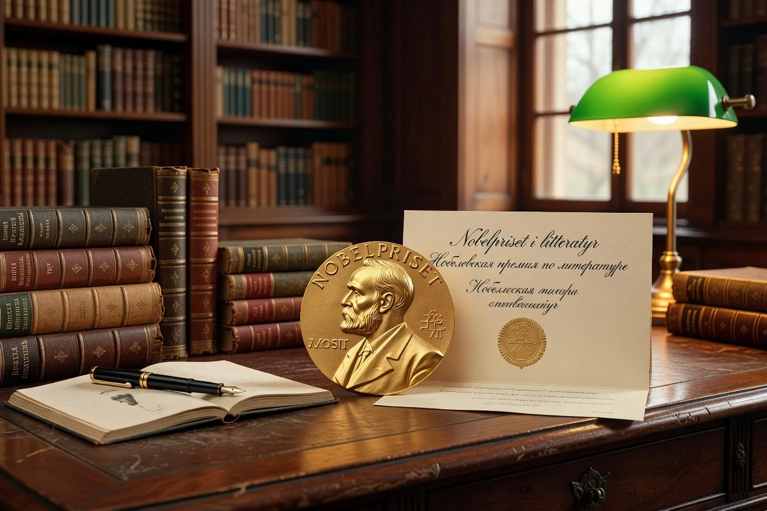 Médaille du prix Nobel et livres de littérature russe sur un bureau ancien, atmosphère solennelle