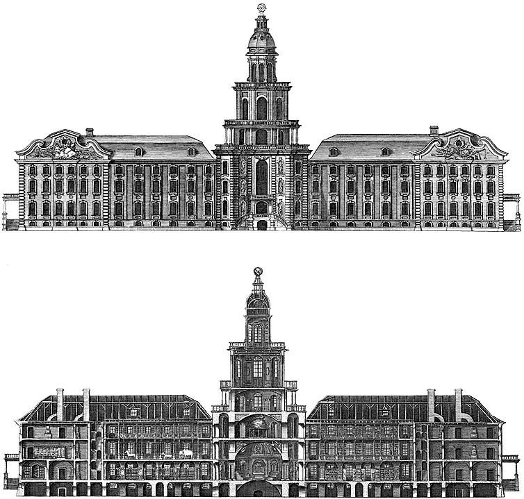 Gravure historique de la façade principale de la Kunstkamera par G. Kachalov, 1740