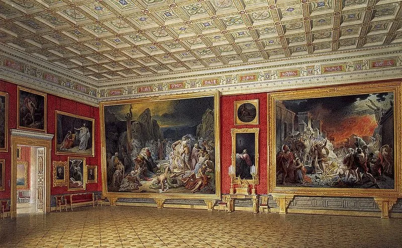 Intérieur d'une salle d'exposition du Musée Russe de Saint-Pétersbourg, avec peintures et parquet historique