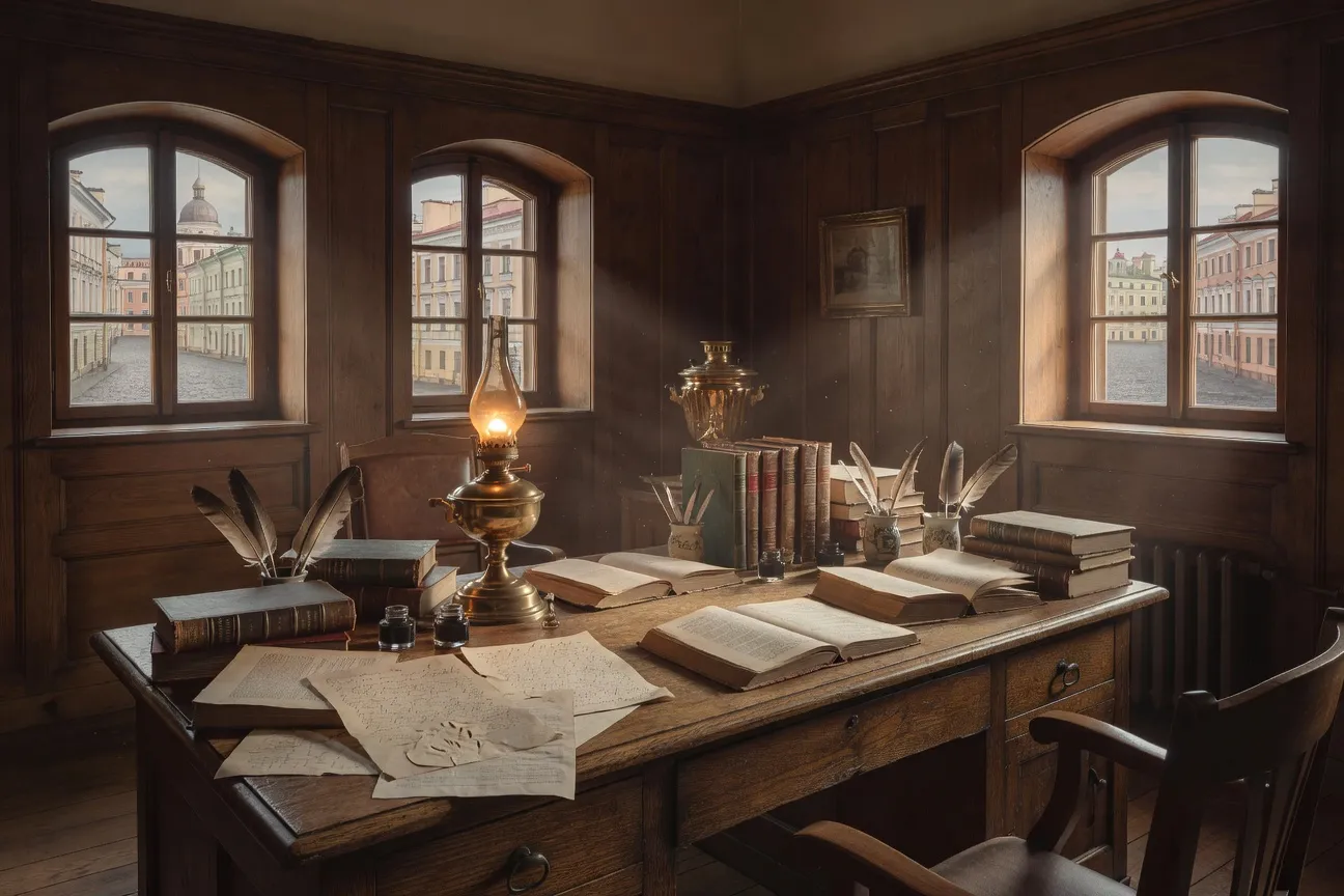 Bureau d'une revue littéraire russe au XIXe siècle, comme le Sovremennik dirigé par Nekrasov à Saint-Pétersbourg