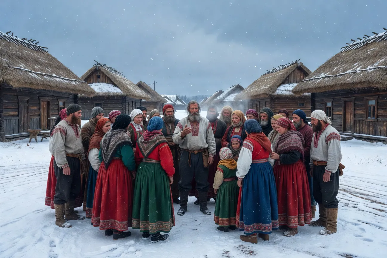Réunion de paysans russes dans un village du XIXe siècle, l'univers dépeint par Nekrasov dans Qui vit bien en Russie