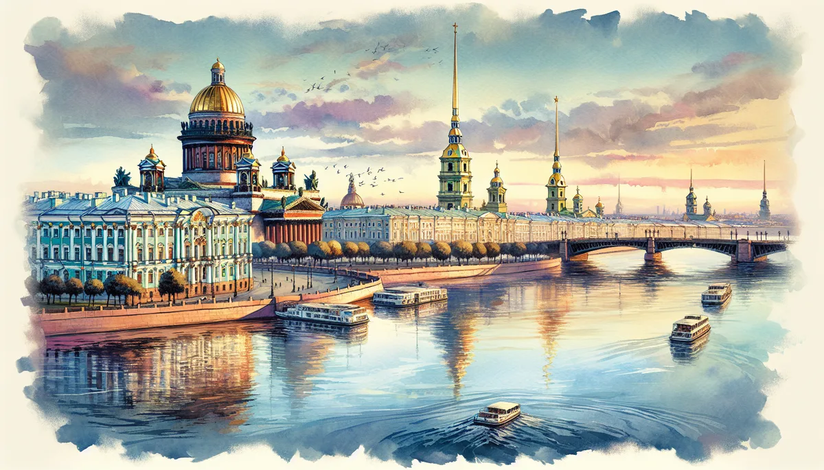 Panorama des monuments de Saint-P&eacute;tersbourg avec la cath&eacute;drale Saint-Isaac et la Neva