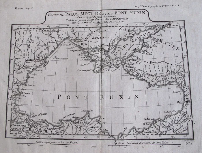 Carte ancienne du Pont Euxin (mer Noire) et du Palus Méotide (mer d'Azov) avec la toponymie antique gréco-romaine